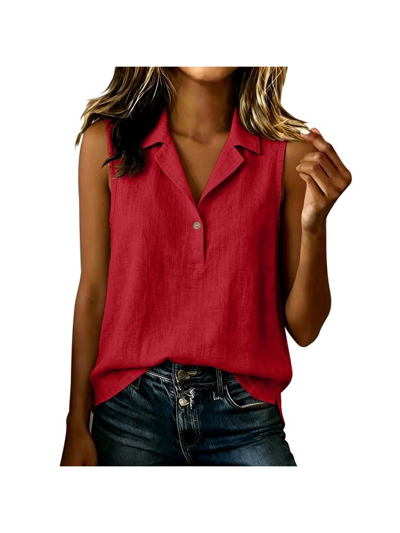 Pintucked Sleeveless Shell Top for Women Collared V-Neck Button Down Work-to-Weekend Essential Blouse XXL