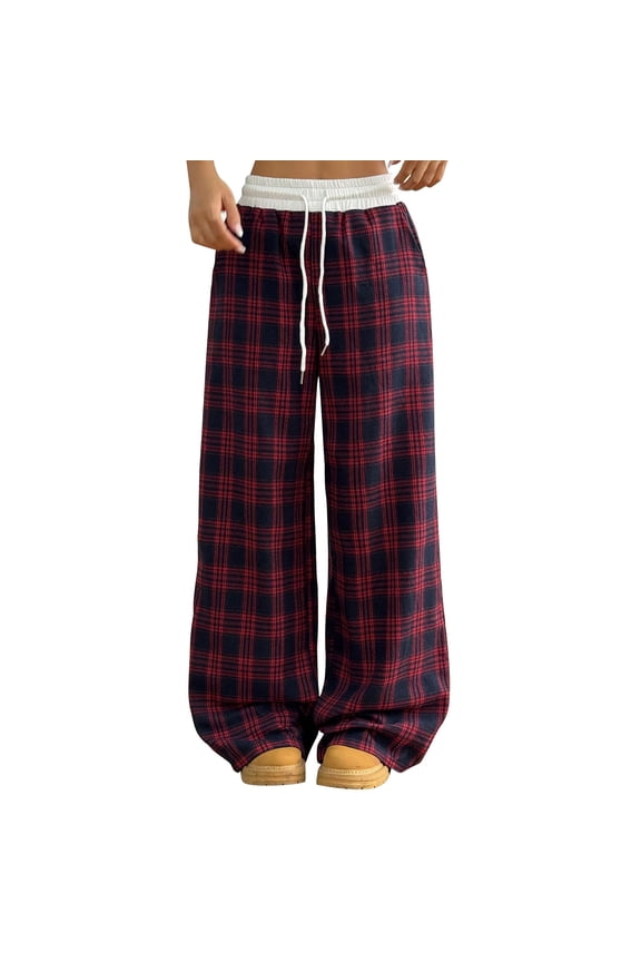 Plaid Pants for Women Wide Leg High Waisted Y2K Baggy Trousers Comfy Checkered Lounge Pants with Pockets S