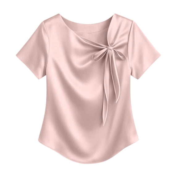 Jerdar Satin Blouses for Women Dressy Casual Trendy Business Work Silk Tops Outfits Cowl Neck Bow Tie Pleated Summer Shirts XL