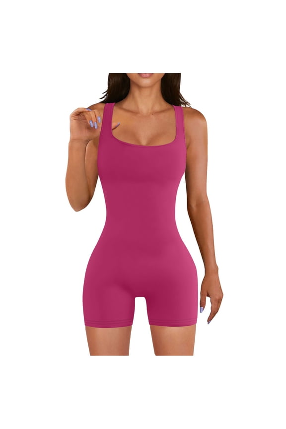 Spring Summer One-Piece Bodysuit Solid Elastic Sleeveless Zipper Short Jumpsuit Yoga Shorts M