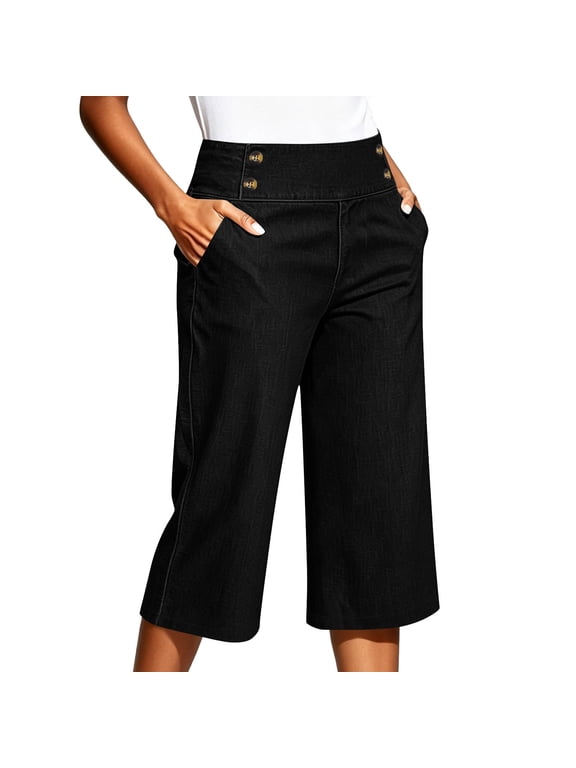 Stretchy Capri Jeans for Women Pull On Denim Capris High Waisted Cropped Wide Leg Capri Pants for Women with Pockets S