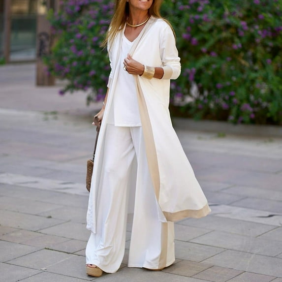 Jerdar Women 3 Pieces Set Soft Vest Long Sleeve Fall Open Front Cardigan Coat Top Long Hight Waist Trouser Pant Casual Suit White XXL