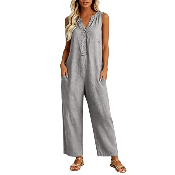 Jerdar Women Button Down Jumpsuits Cotton Linen Sleeveless Casual Wide Legs Rompers Loose Overall with Pockets Pants M