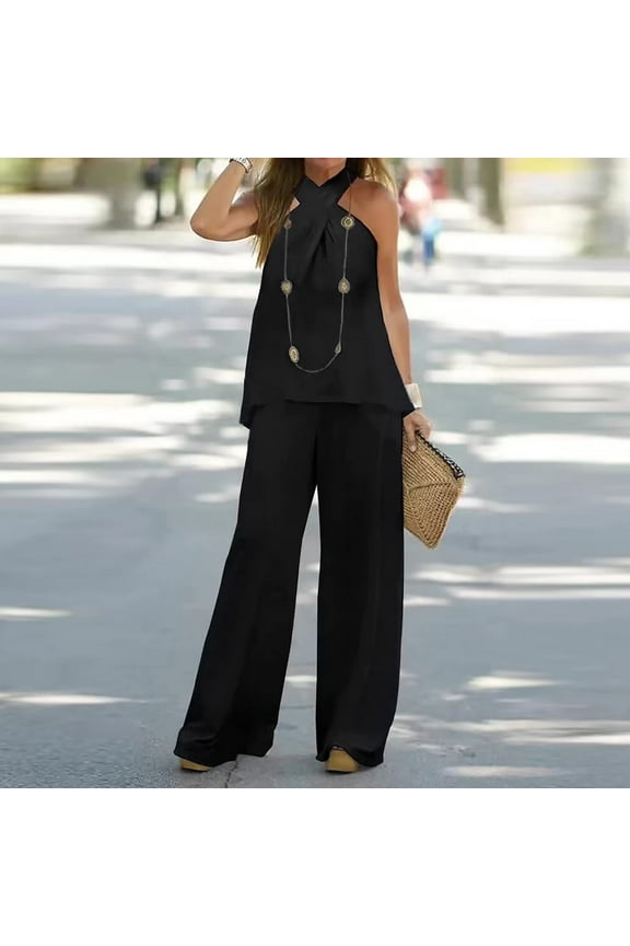 Women Casual 2 Piece Short Sets Summer Leisure Suit Casual Solid SLeeveless Top Elastic Waist Pant Set Black M