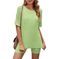 thumbnail image 1 of Jerdar Women Casual 2 Piece Short Sets Summer Leisure Suit Solid Color Round Neck Blouse Suit Sets Green M, 1 of 5