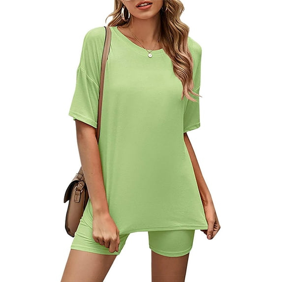 Jerdar Women Casual 2 Piece Short Sets Summer Leisure Suit Solid Color Round Neck Blouse Suit Sets Green M