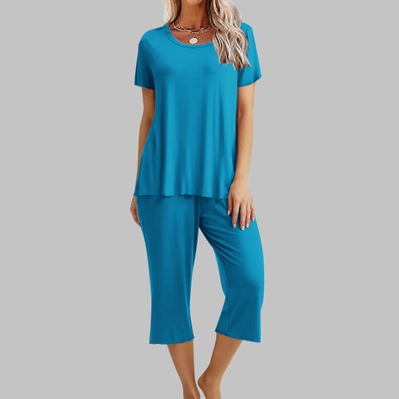 Jerdar Women Casual 2 Piece Short Sets Summer Leisure Suit Solid Round Neck Sleepshirt and Pants Sets Loungewear Pajamas with Pockets Dark Blue XXL