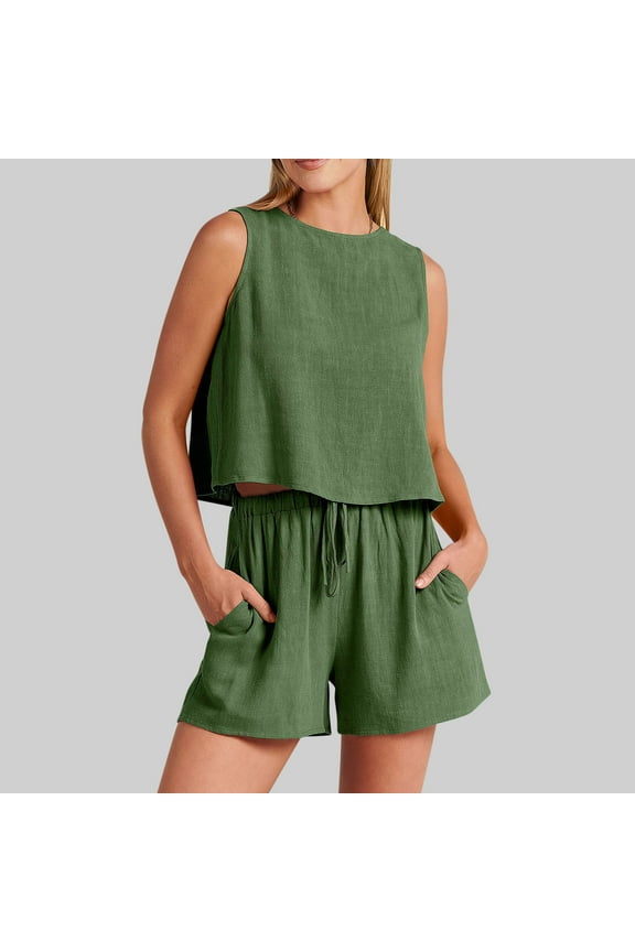 Women Casual 2 Piece Short Sets Summer Round Neck Solid Sleeveless Blouse Loose Cotton Linen Pockets Pants Shirts Sets Army Green L