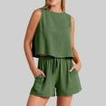 thumbnail image 1 of Jerdar Women Casual 2 Piece Short Sets Summer Round Neck Solid Sleeveless Blouse Loose Cotton Linen Pockets Pants Shirts Sets Army Green XL, 1 of 5