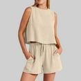 thumbnail image 1 of Jerdar Women Casual 2 Piece Short Sets Summer Round Neck Solid Sleeveless Blouse Loose Cotton Linen Pockets Pants Shirts Sets Ivory XXL, 1 of 5