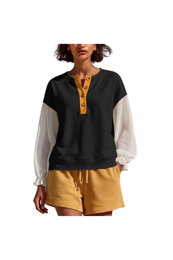 Women Crew Neck Half Button Chiffon Spliced Ruffle Long Sleeve Loose Pullover Sweatshirt Color Block Spring Fall Winter L