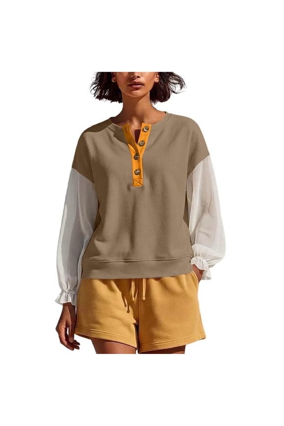 Women Crew Neck Half Button Chiffon Spliced Ruffle Long Sleeve Loose Pullover Sweatshirt Color Block Spring Fall Winter L
