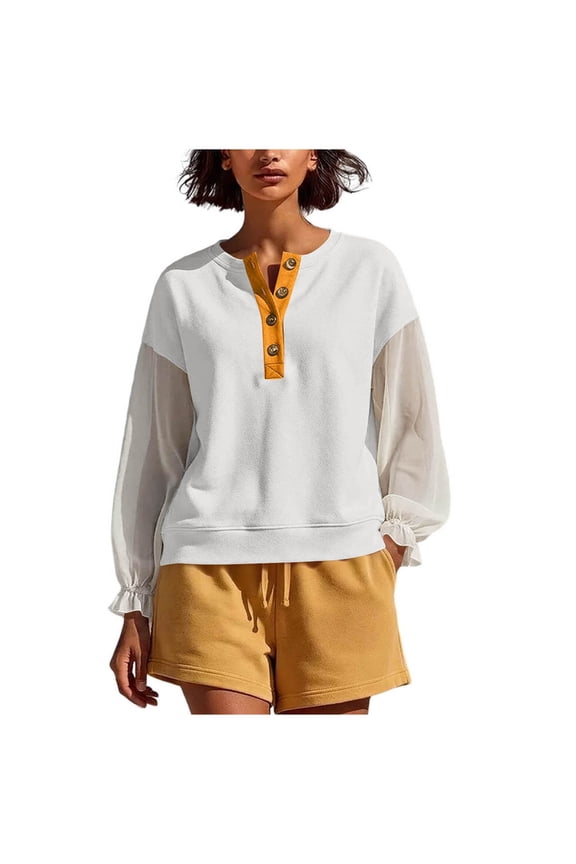 Women Crew Neck Half Button Chiffon Spliced Ruffle Long Sleeve Loose Pullover Sweatshirt Color Block Spring Fall Winter S