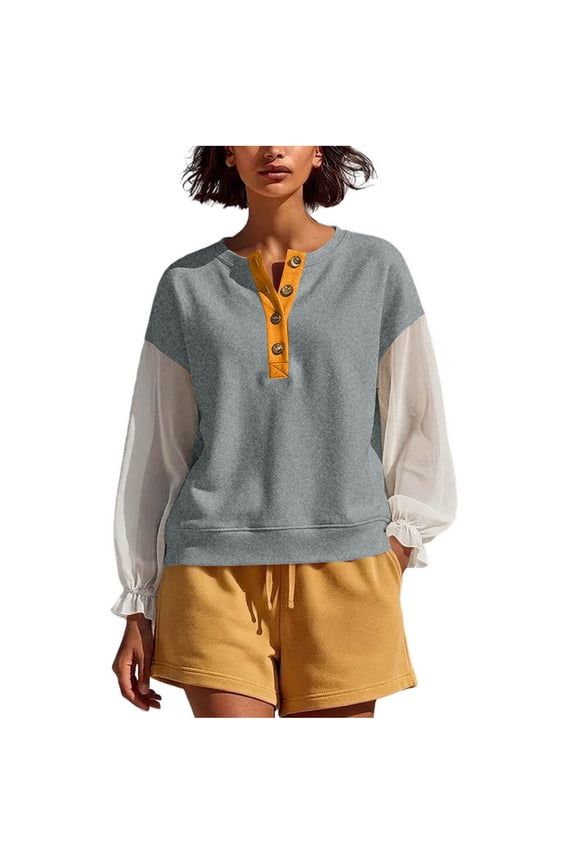 Women Crew Neck Half Button Chiffon Spliced Ruffle Long Sleeve Loose Pullover Sweatshirt Color Block Spring Fall Winter XL