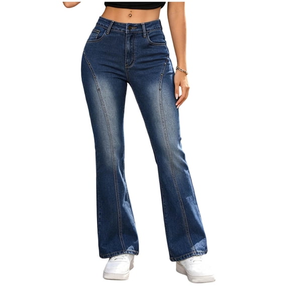 Jerdar Women Mid-High Waisted Zipper Button Flare Jeans Y2K 90s Vintage Stretchy Bootcut Sports Denim Pants Bell Bottom M