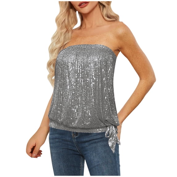 Jerdar Women Strapless Glitter Bandeau Tube Party Sparkle Slim Fit Sleeveless Crop Tank Going Out Tops M