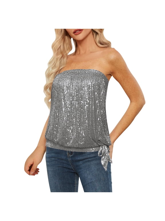 Women Strapless Glitter Bandeau Tube Party Sparkle Slim Fit Sleeveless Crop Tank Going Out Tops M