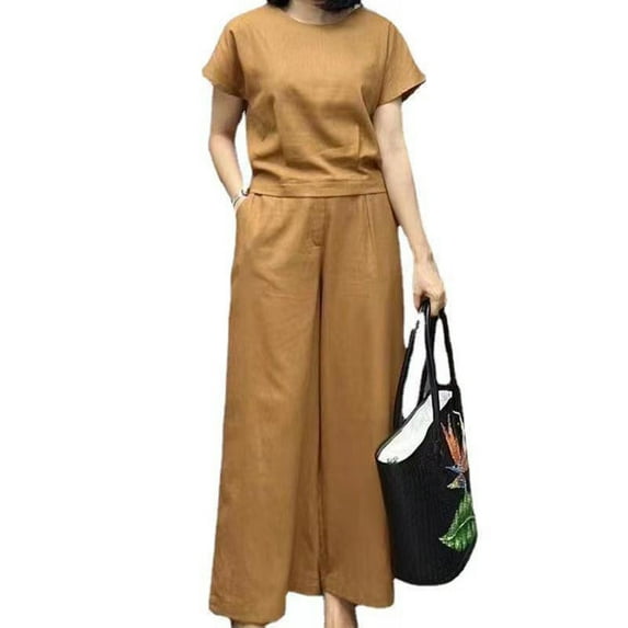 Jerdar Women Summer 2 Piece Casual Solid Short Sleeve Top Round Neck Widened Leg Pants Long Pants Leisure Set Brown XXL