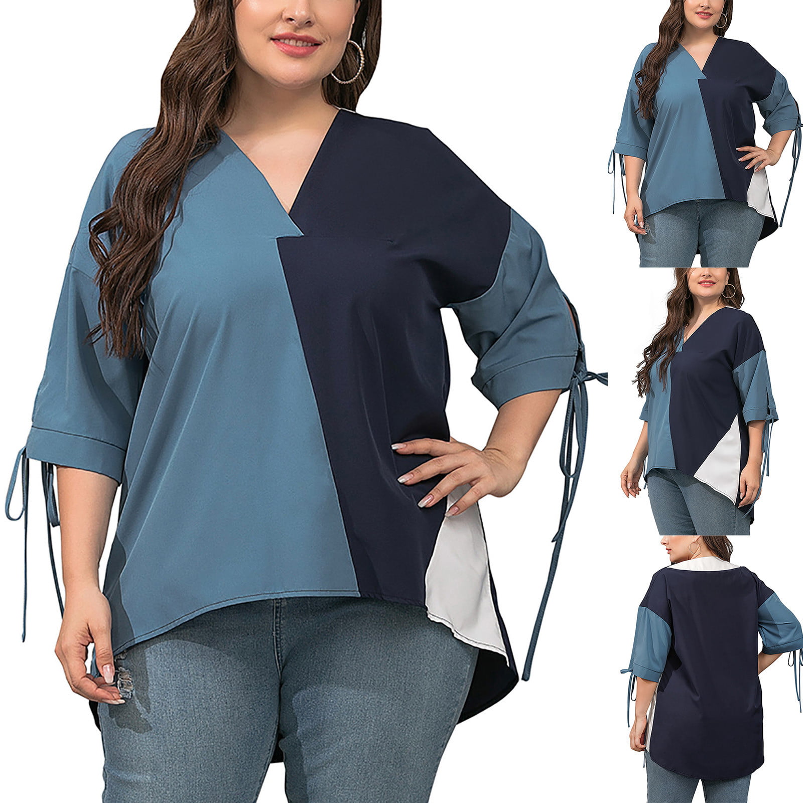 Jerdar Women Summer Tops Women Classic Plus Size Summer Panel Half Sleeve  Loose Tops Blouses Shirt Dark Blue 3XL 
