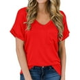 thumbnail image 1 of Jerdar Women Summer Tops Women Solid Short Sleeve V-Neck Casual Pockets Tee Tops T Shirt Red XXL, 1 of 5