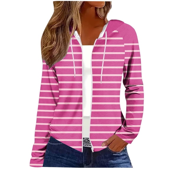 Jerdar Women Zip Up Hoodie with Pockets UPF Long Sleeve Jacket Lightweight Striped Print Sun Protection Shirt Top M