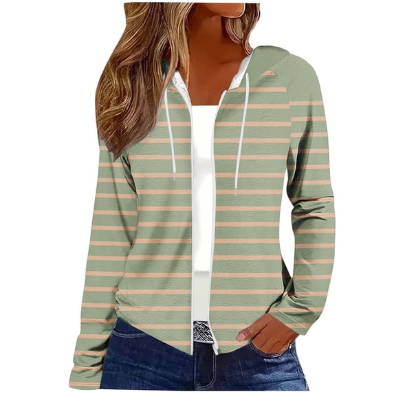 Jerdar Women Zip Up Hoodie with Pockets UPF Long Sleeve Jacket Lightweight Striped Print Sun Protection Shirt Top S