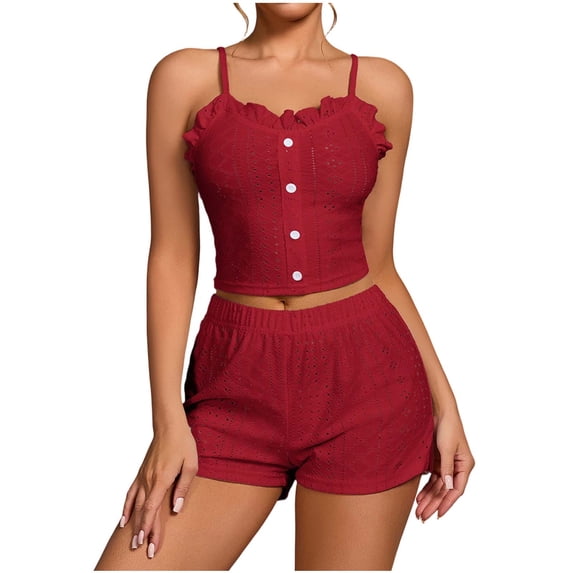 Jerdar Women's 2 Piece Summer Pajama Lounge Set Adjustable Spaghetti Strap Crop Top with Ruffle Trim and Shorts Loungewear M