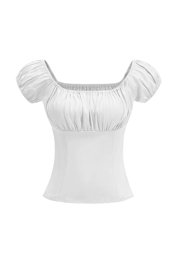 Women's 2026 Summer Square Neck Puff Short Sleeve Ruched Bust Fitted Blouse Casual Corset Style Top XXL