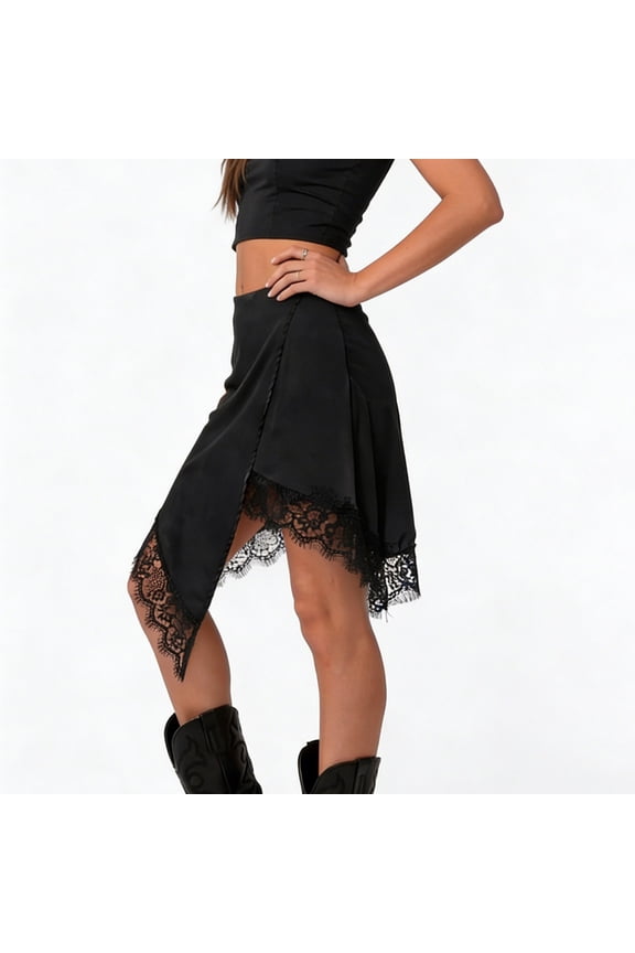 Women's Asymmetrical Lace Trim Short Skirt Elegant Flowy A Line Going Out Knee Length Skirts L