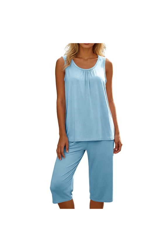 Women's Capri Pajama Sets Soft Cute Pjs Round Neck Sleeveless Capri Lounge Shorts Sleepwear XXXXXL