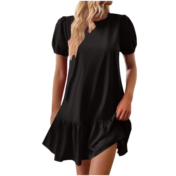 Jerdar Women's Casual Mini Dress Short Sleeve Crew Neck Drop Waist Ruffle Loose Summer Dresses with Pockets L