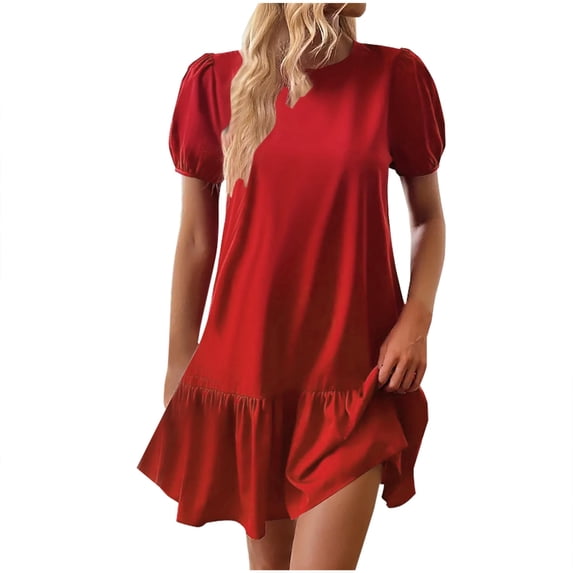 Jerdar Women's Casual Mini Dress Short Sleeve Crew Neck Drop Waist Ruffle Loose Summer Dresses with Pockets M