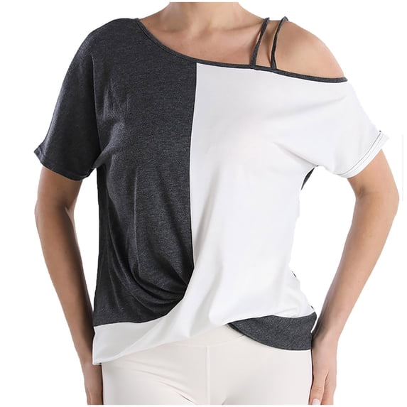 Jerdar Women's Color Block Short Sleeve T-Shirt Strappy Cold Shoulder With Crossed Ruched Hem Design L