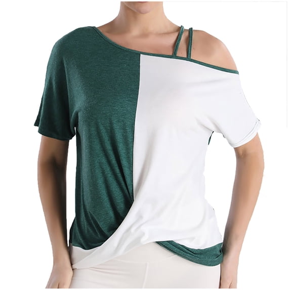 Jerdar Women's Color Block Short Sleeve T-Shirt Strappy Cold Shoulder With Crossed Ruched Hem Design L