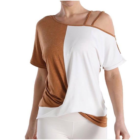 Jerdar Women's Color Block Short Sleeve T-Shirt Strappy Cold Shoulder With Crossed Ruched Hem Design XL
