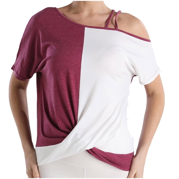 Jerdar Women's Color Block Short Sleeve T-Shirt Strappy Cold Shoulder With Crossed Ruched Hem Design XXL