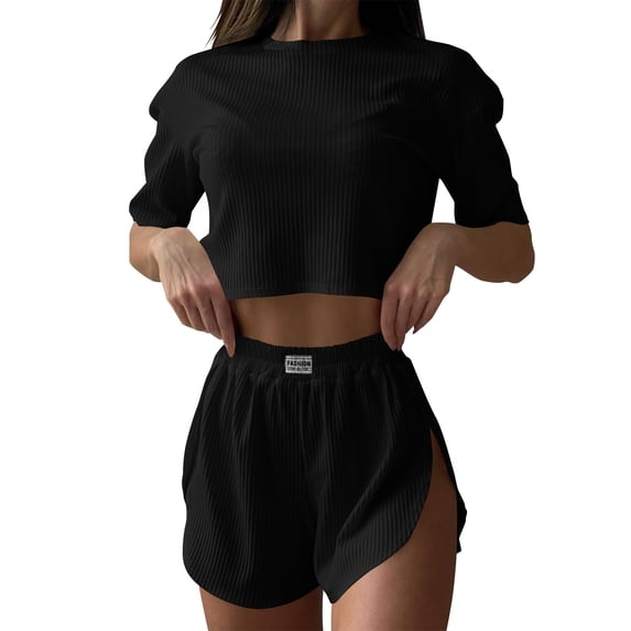 Jerdar Women's Crop Top Split Hem Shorts Pajama Set Ribbed Short Sleeve Loose for Spring Summer M