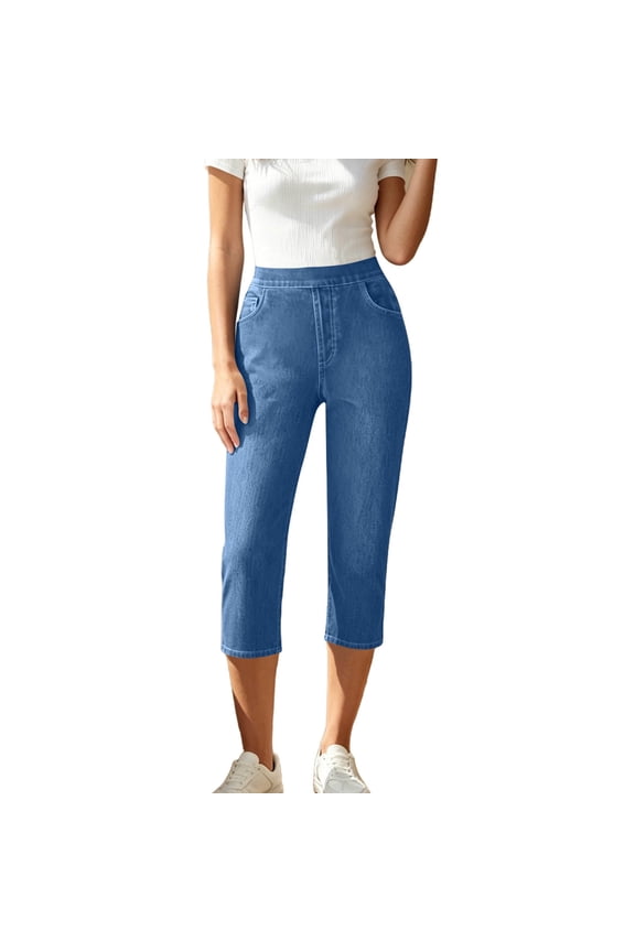 Women's Denim Capri Jeans Pull On Skinny Jeggings with Side Slit Pockets Stretch Mid Rise Regular Plus Size XL