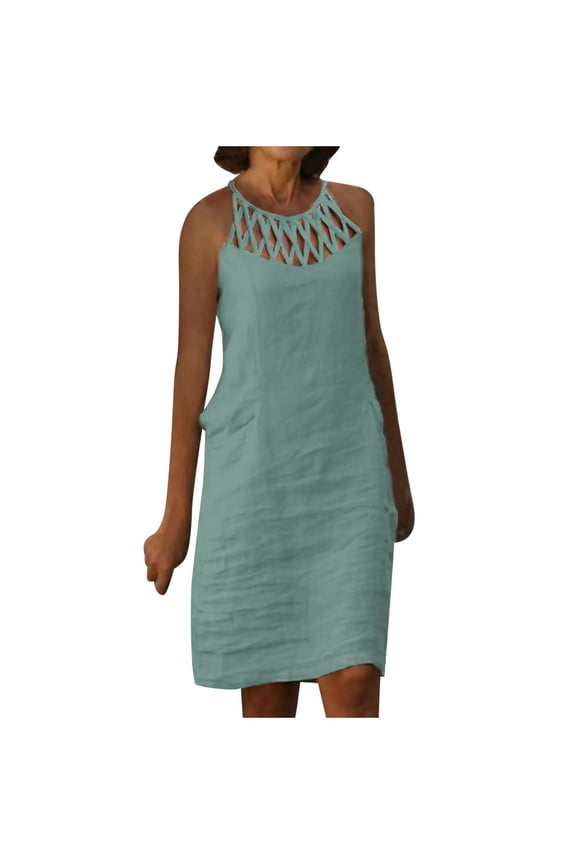 Women's Dress Halter Lace Trim Summer Beach Vacation Flowy Mini Dress 2035 Fashion S