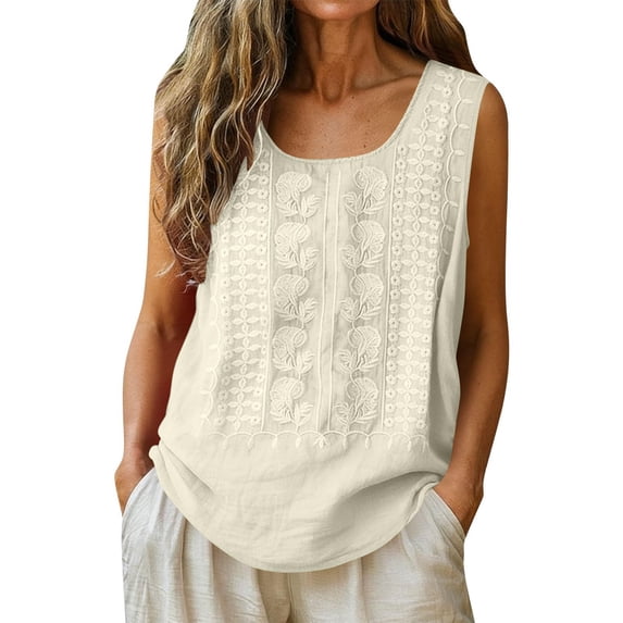 Jerdar Women's Embroidered Linen Tank Tops Casual Loose Fit Sleeveless Round Neck Summer Blouses L
