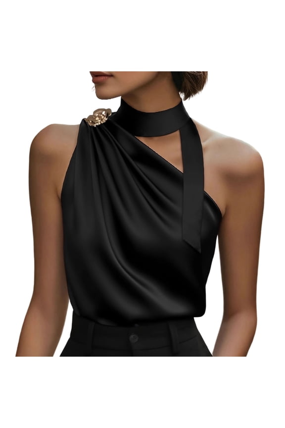 Women's Fashionable Satin Halter Top Asymmetric Neck Sleeveless Blouse with Brooch Detail for Evening Party S
