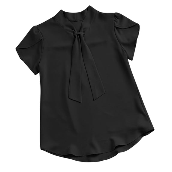 Jerdar Women's Fashionable Short Sleeve Blouses Tie Neck Petal Tulip Sleeve Tops Work Business Shirts L