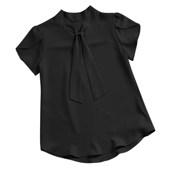 Jerdar Women's Fashionable Short Sleeve Blouses Tie Neck Petal Tulip Sleeve Tops Work Business Shirts M