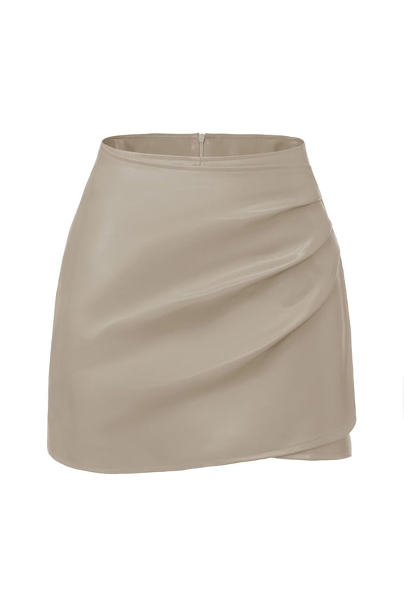 Women's Faux Leather Skorts High Waisted PU Leather Shorts Elastic Waist Ruched Wrap Skorts Skirts L