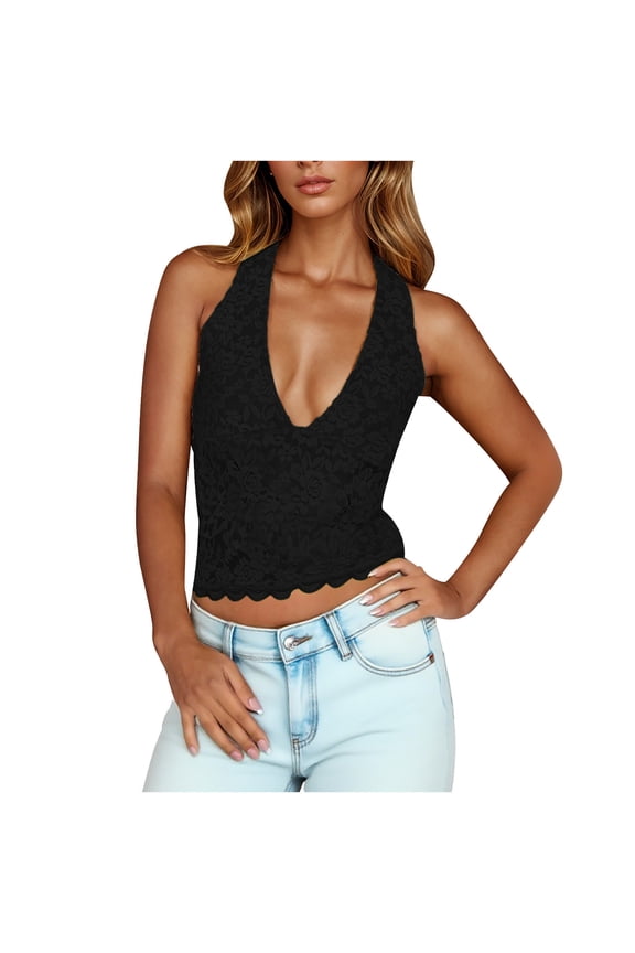 Women's Halter Neck Backless Tank Top Deep V Neck Sleeveless Open Back Y2K Slim Fit Summer Crop Tops L