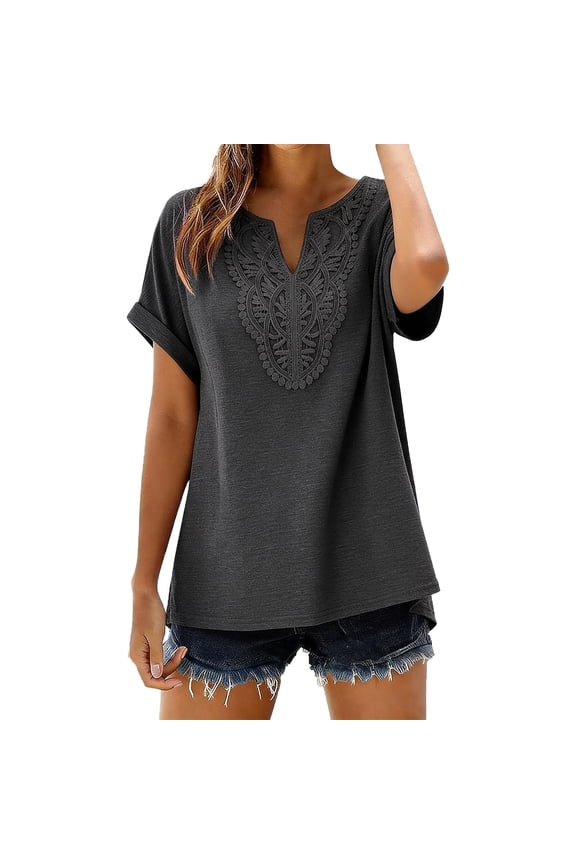Women's Lace Front Bohemian Casual Rolled Cap Short Sleeve Popover Notched Neck Blouse Tops L