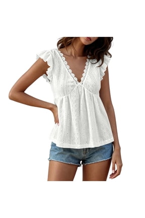 Women's Lace Trimmed V Neck Ruffled Sleeve Flared Eyelet Tank Blouse Top L