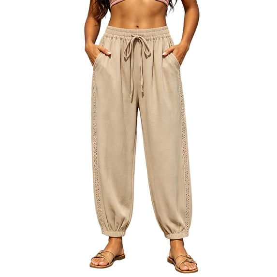 Jerdar Women's Linen Elastic High Waist Jogger Pants Casual Drawstring Trousers with Hollow Out Trim and Pockets Loose L
