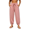 thumbnail image 1 of Jerdar Women's Linen Elastic High Waist Jogger Pants Casual Drawstring Trousers with Hollow Out Trim and Pockets Loose L, 1 of 7
