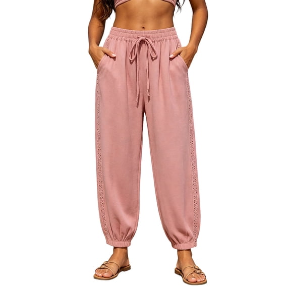 Jerdar Women's Linen Elastic High Waist Jogger Pants Casual Drawstring Trousers with Hollow Out Trim and Pockets Loose L